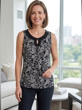 Carole Little Black & White Floral Keyhole Tank Top